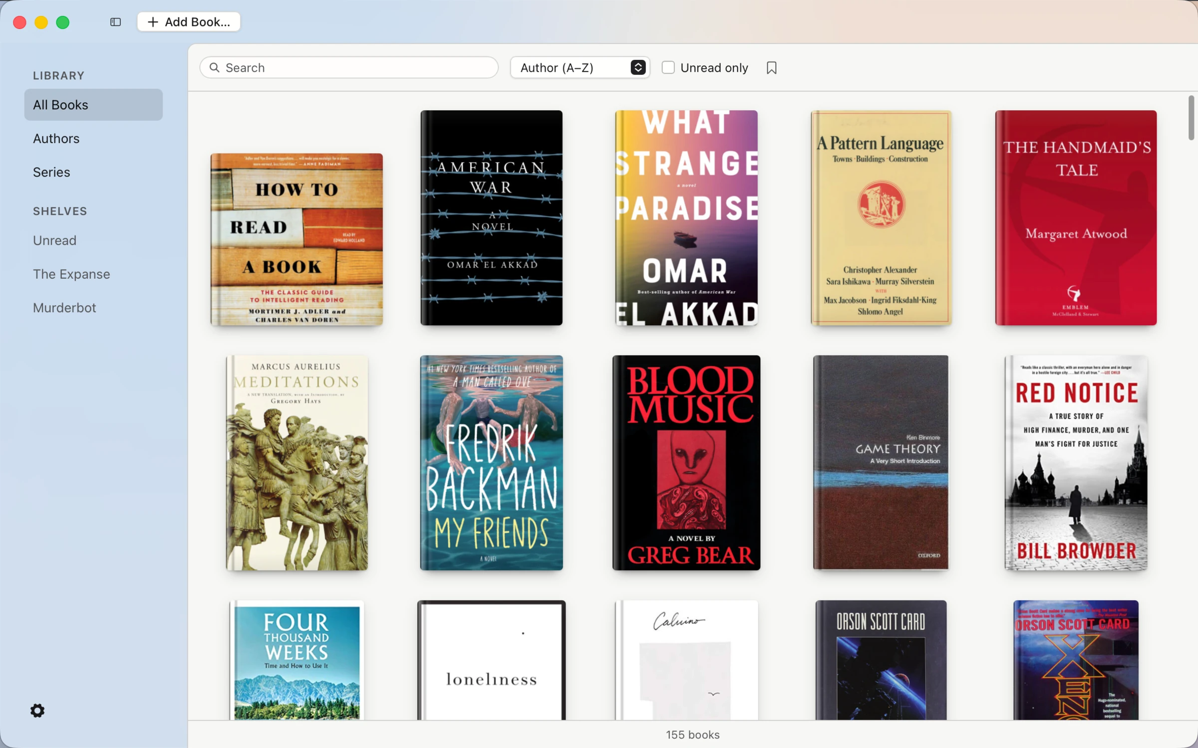 Citadel's library window: a wall of book covers over a quiet sidebar with shelves named Unread, The Expanse, and Murderbot.